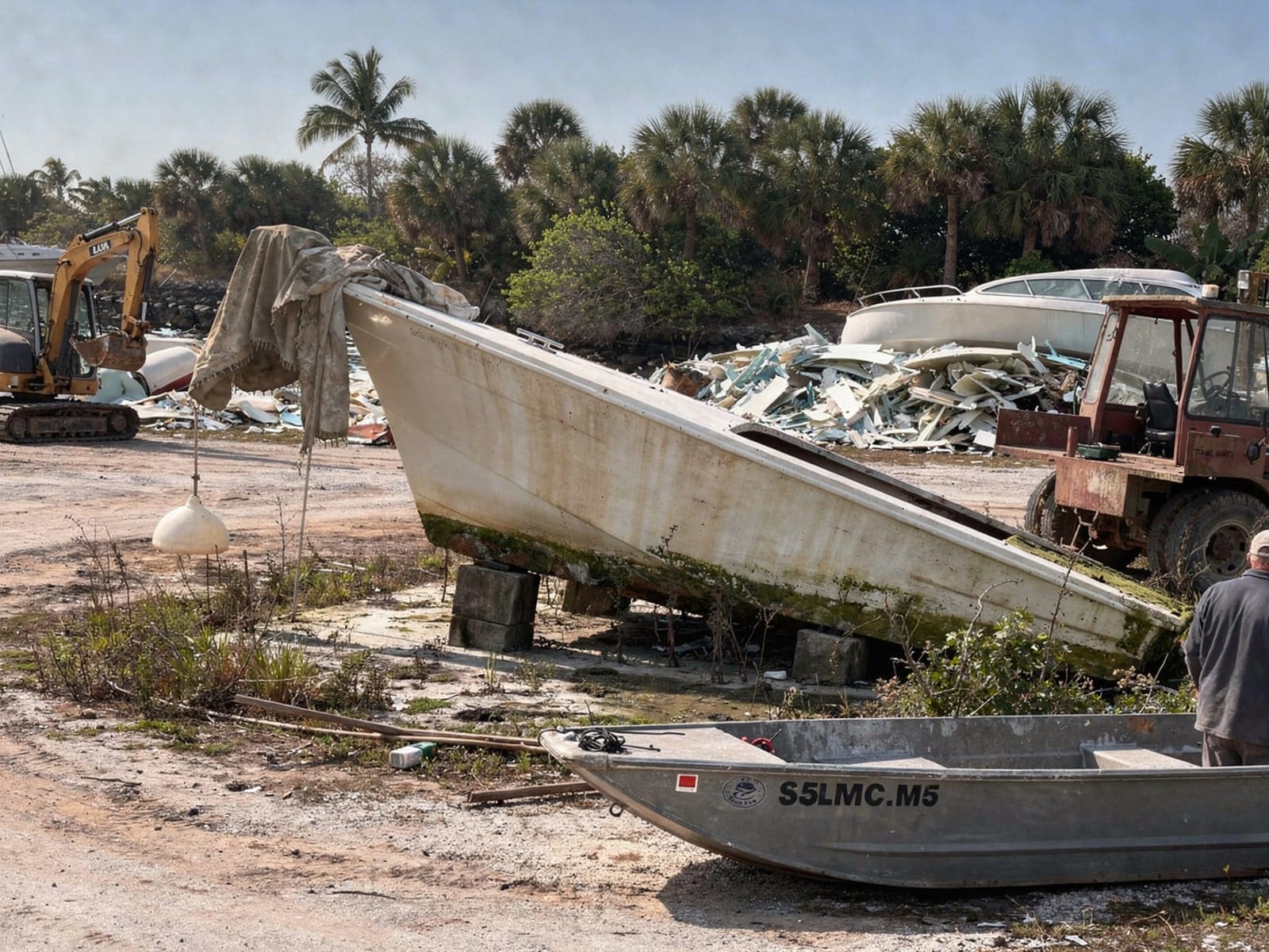 27 ft Chris-Craft Commander 27 from Vero Beach, FL at the recycling yard after the recovery