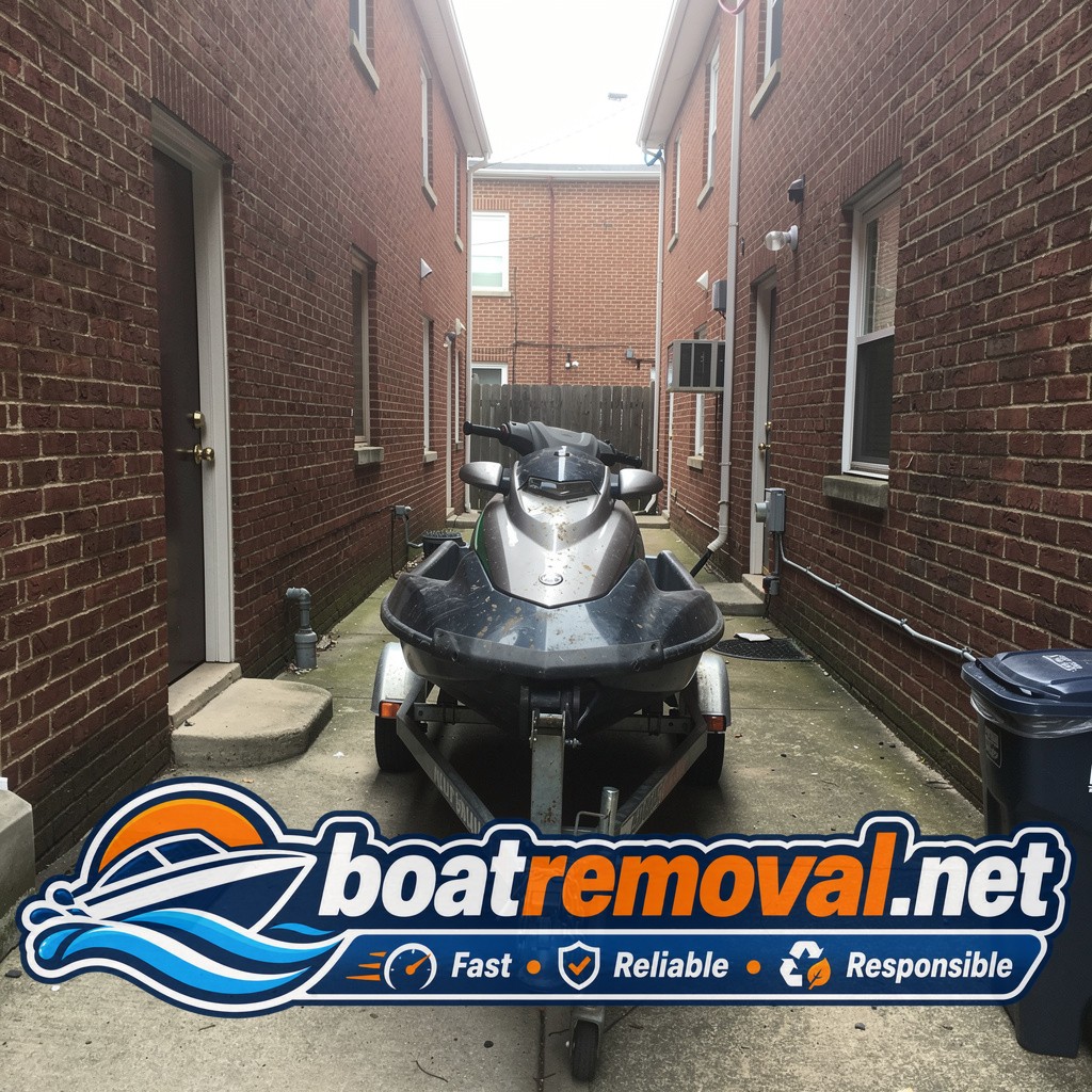 Sea-Doo jet ski on a trailer in a narrow side passage between rowhouses near Washington Navy Yard, DC