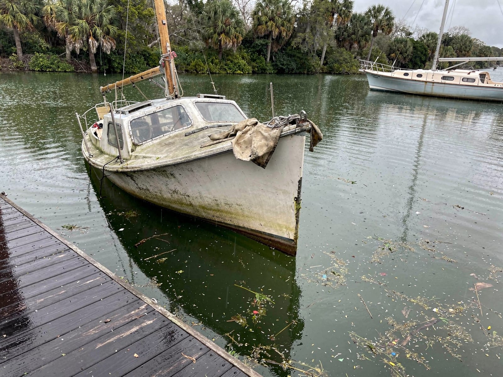 Sunken boat recovery in Leesburg, FL: before Sunken 27 ft Cal 27 at a lake dock in Leesburg, FL