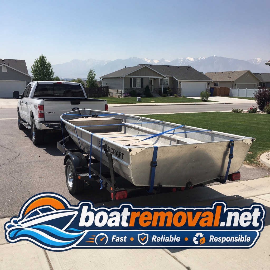 Same aluminum fishing boat loaded onto a trailer outside a barn