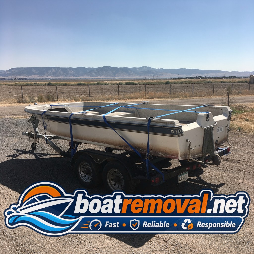 Glastron boat loaded onto a trailer after removal from a storage lot near Fort Collins, Colorado