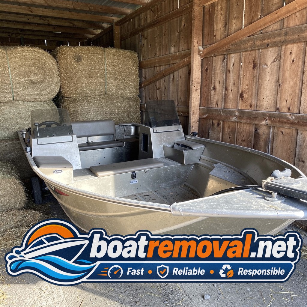 16-foot Lund aluminum fishing boat stored under hay inside a barn near Post Falls, Idaho