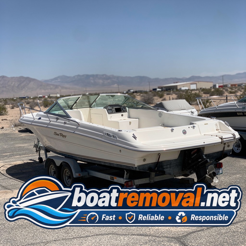 26-foot Sea Ray cabin cruiser sitting in a storage lot in Sparks, Nevada before removal
