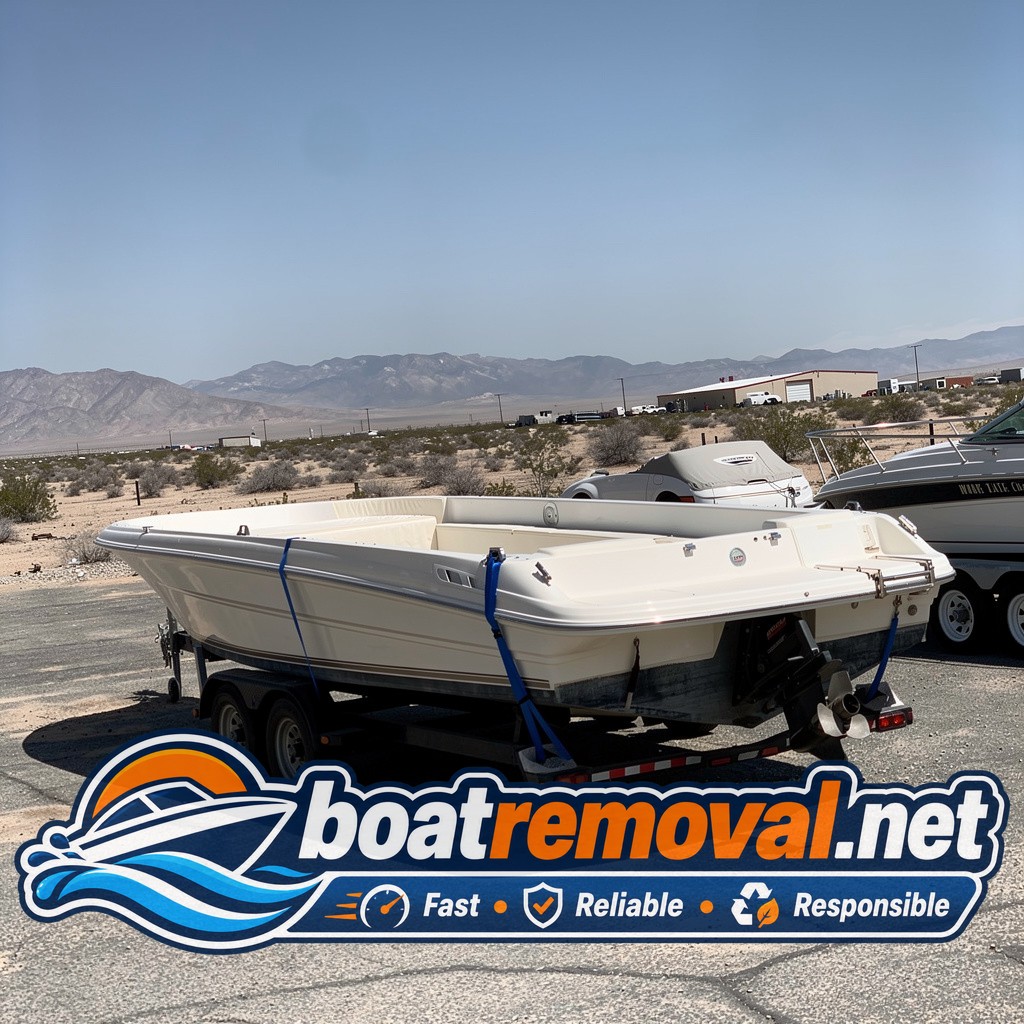 Same Sea Ray cabin cruiser loaded onto a heavy trailer leaving the Sparks storage lot