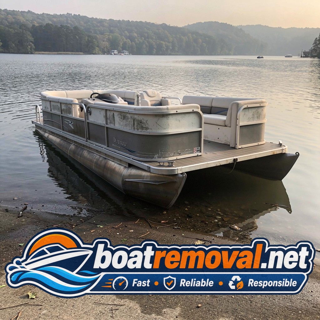 Waterlogged pontoon boat partly submerged at a lake boat ramp
