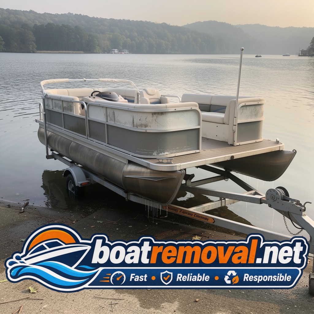 Same pontoon boat frame loaded onto a trailer after being winched off a boat ramp