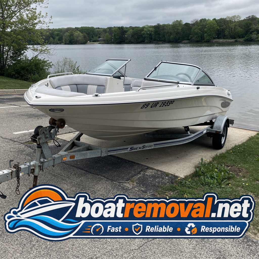19-foot Larson bowrider resting on a trailer with a collapsed axle near a boat ramp in Island Lake, Illinois