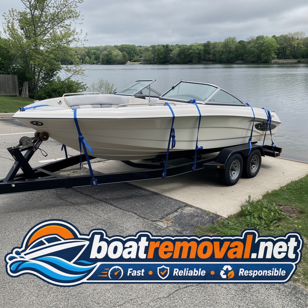 Larson bowrider loaded onto a fresh trailer after being pulled from a ramp in Island Lake, Illinois