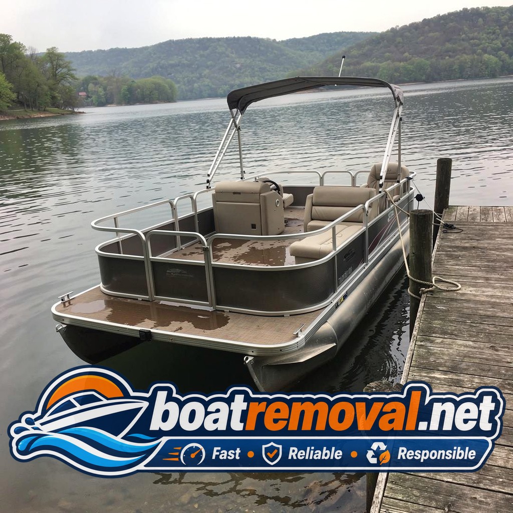 20-foot pontoon boat partly swamped at a dock in Rockaway Beach, Missouri before towing