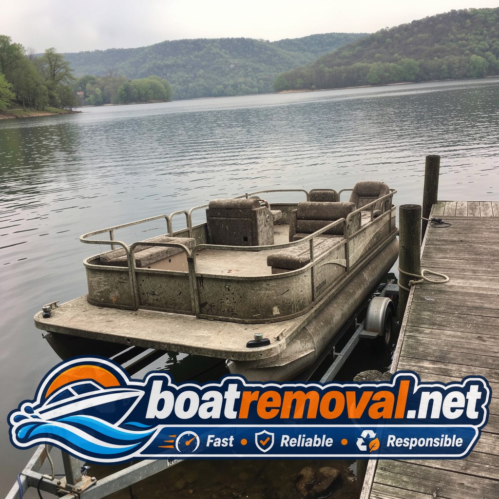 Same pontoon boat drained and loaded on the removal trailer after leaving the dock