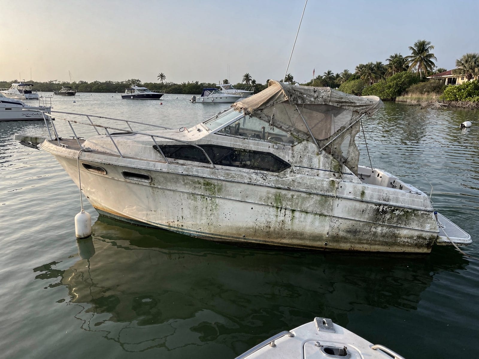 Sunken boat recovery in Deland, FL: before Sunken 28 ft Carver 28 at its mooring in Deland, FL