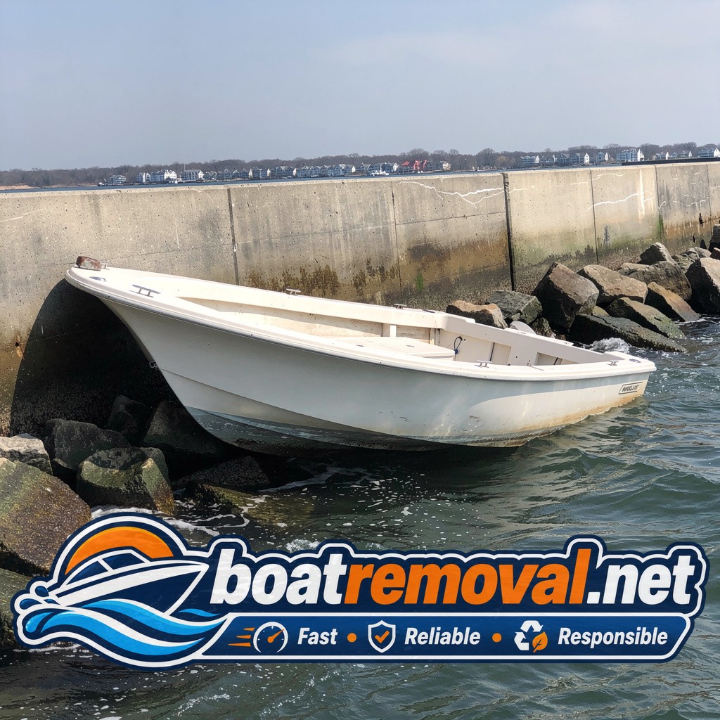 24-foot Boston Whaler wedged against rocks near a seawall in Groton, Connecticut