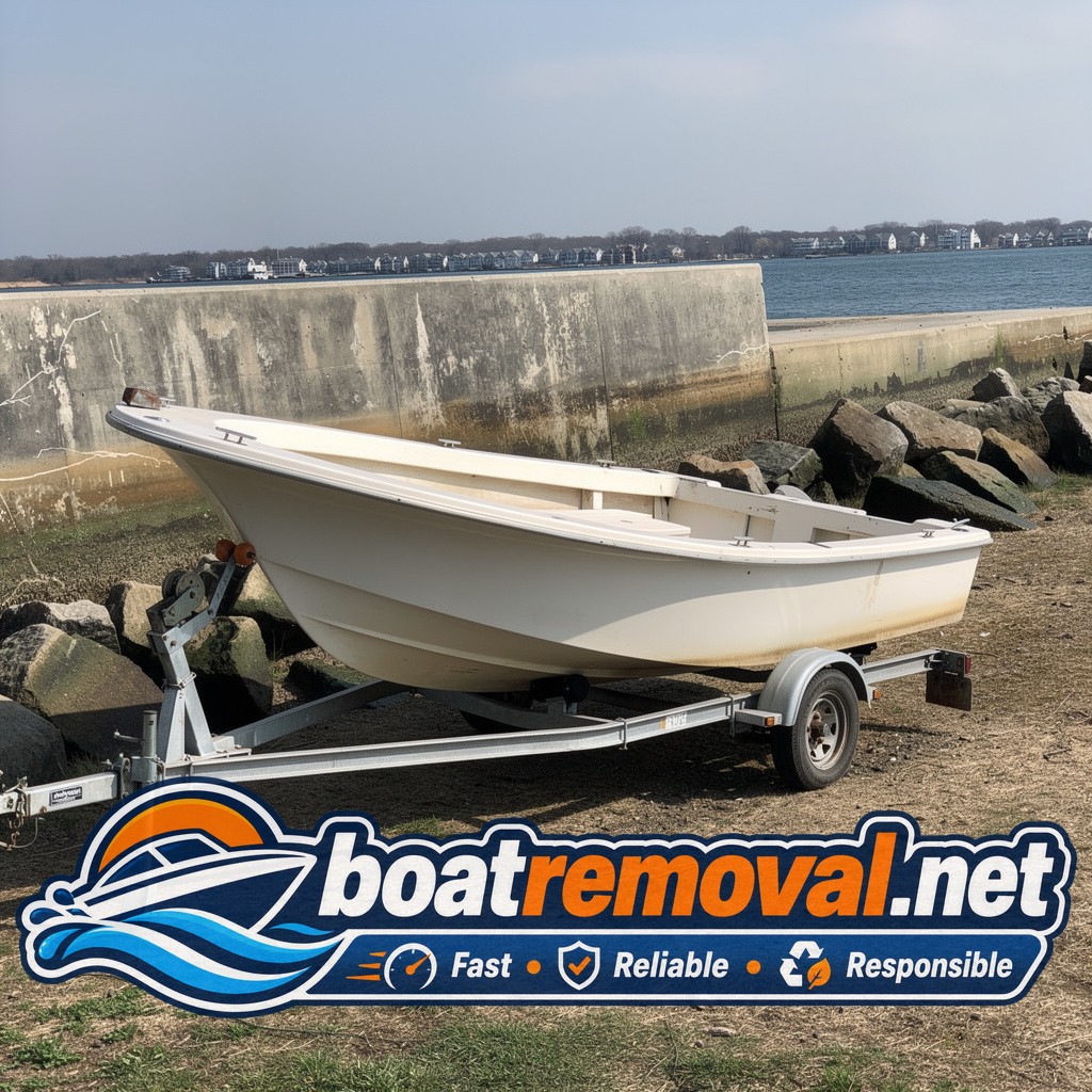 Boston Whaler loaded onto a trailer after storm removal near a seawall in Groton, Connecticut