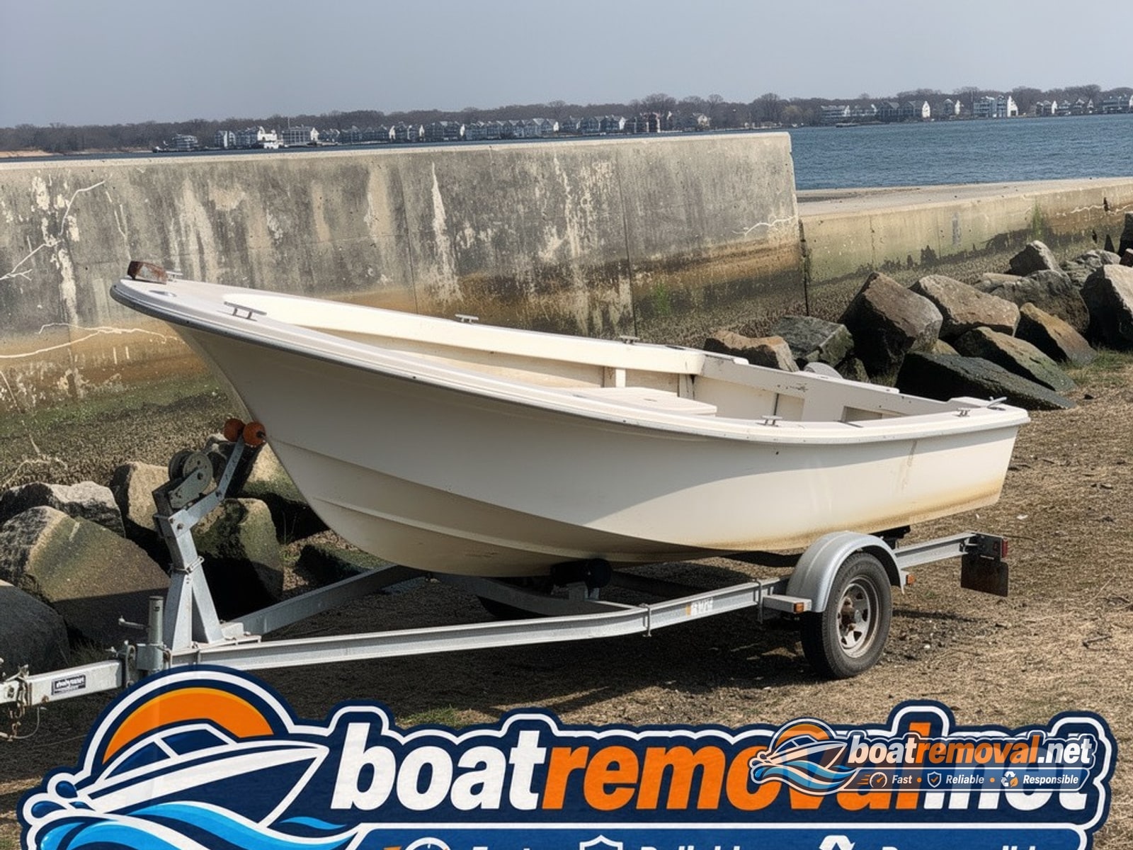 Groton, CT: 24-foot Boston Whaler loaded for removal Boston Whaler loaded onto a trailer after storm removal near a seawall in Groton, Connecticut