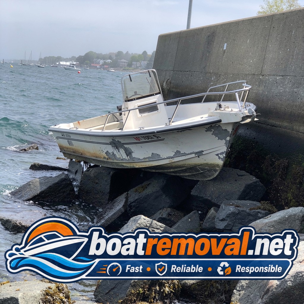 20-foot Grady-White center console wrecked on rocks below a seawall near Rockland, Maine