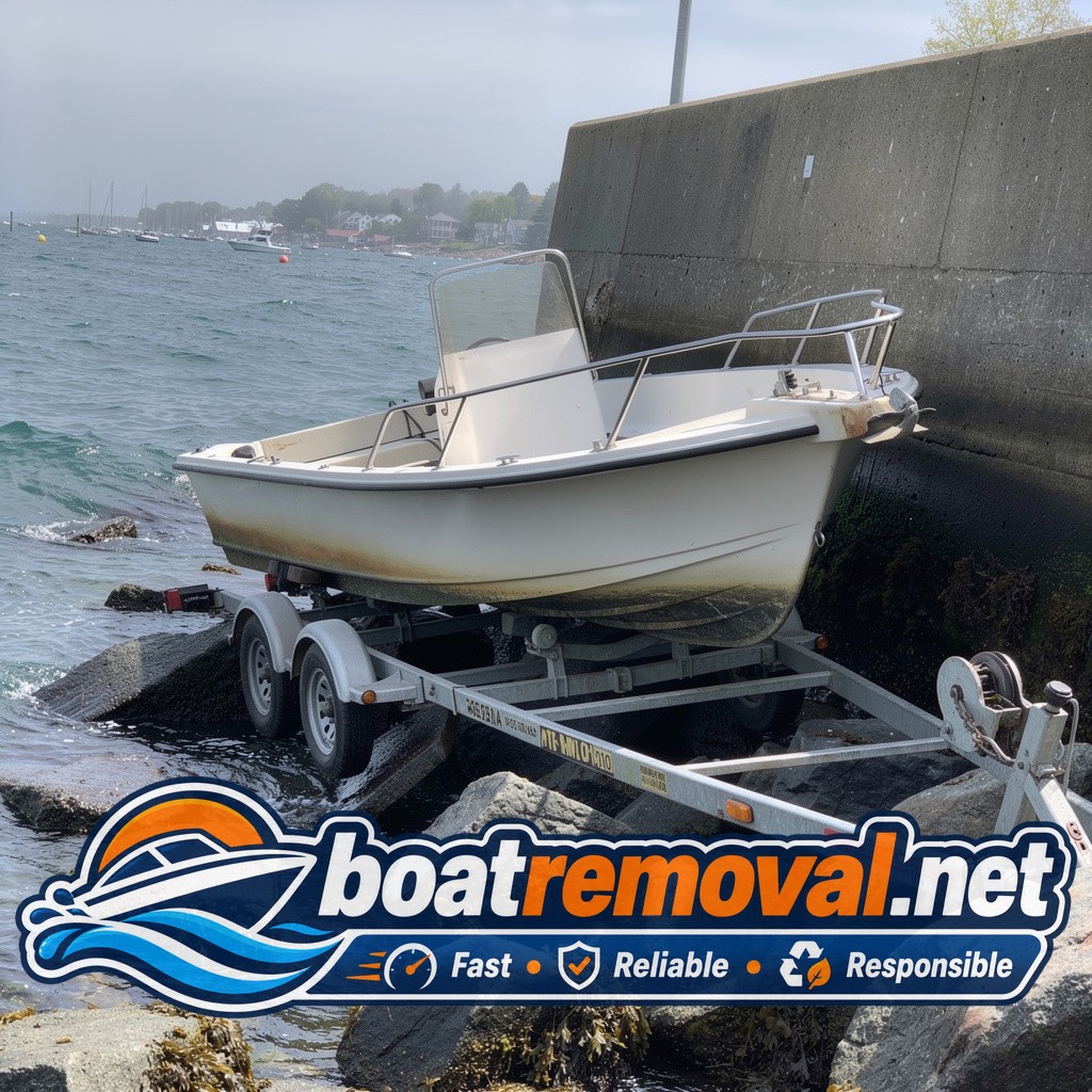 Grady-White center console loaded onto a trailer after being pulled off rocks near Rockland, Maine