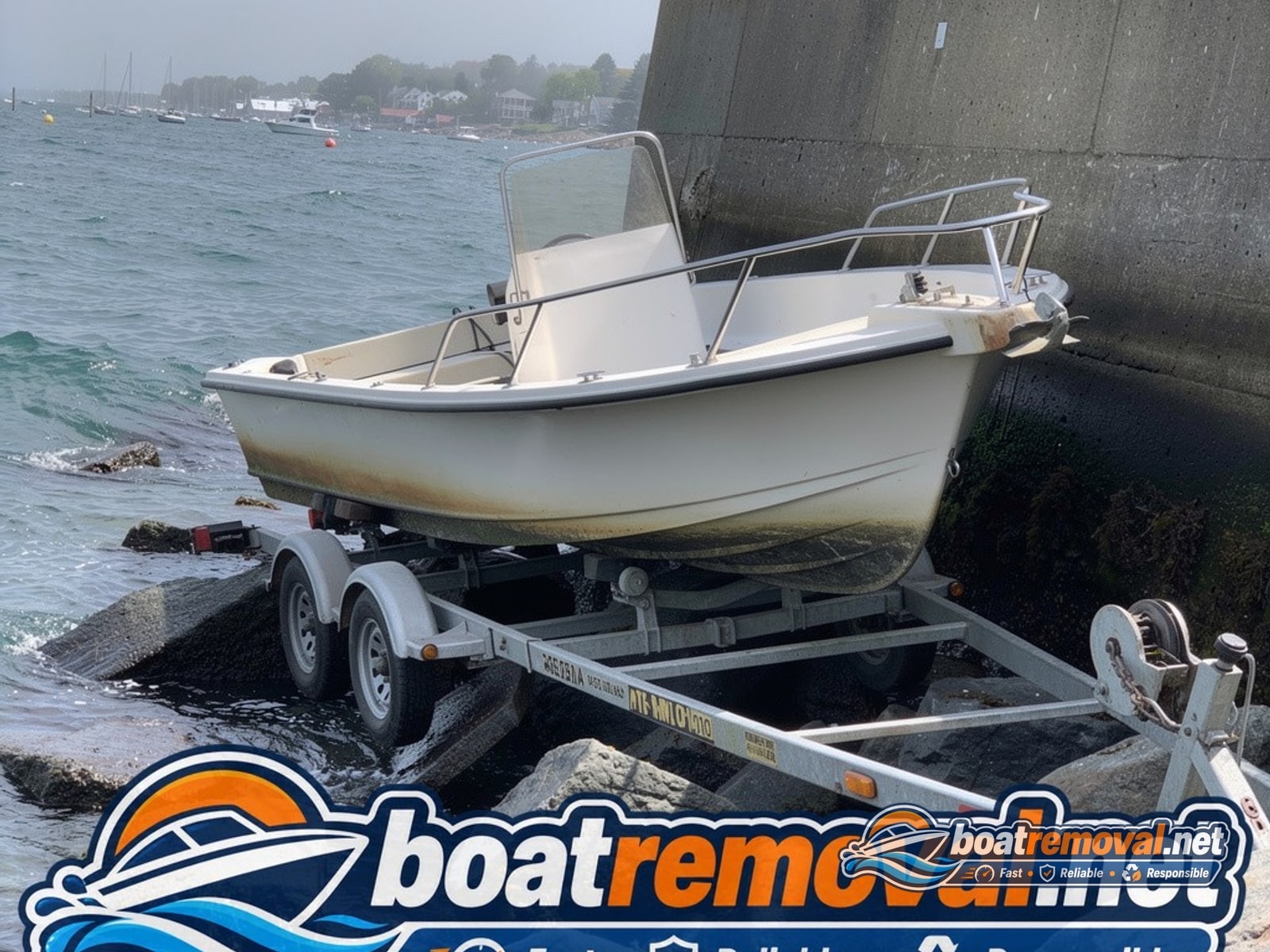 Rockland, ME: 20-foot Grady-White center console loaded for removal Grady-White center console loaded onto a trailer after being pulled off rocks near Rockland, Maine