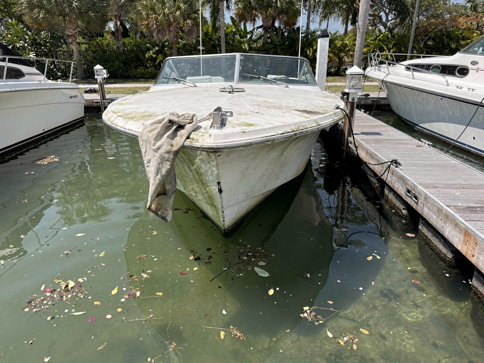 Sunken boat recovery in Boca Raton, FL: before Sunken 23 ft Chris-Craft Cavalier in a marina slip in Boca Raton, FL