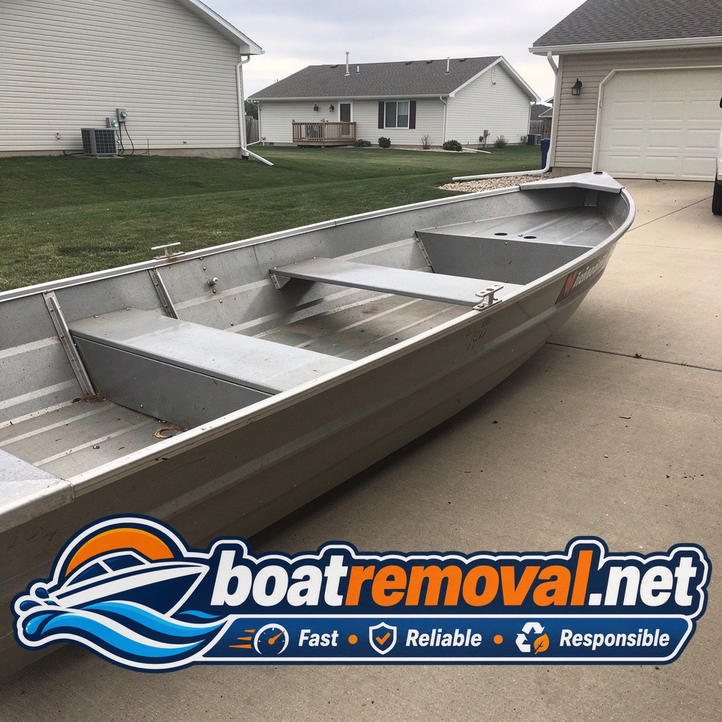 boat removal Brandon SD, 16 ft aluminum jon boat in driveway