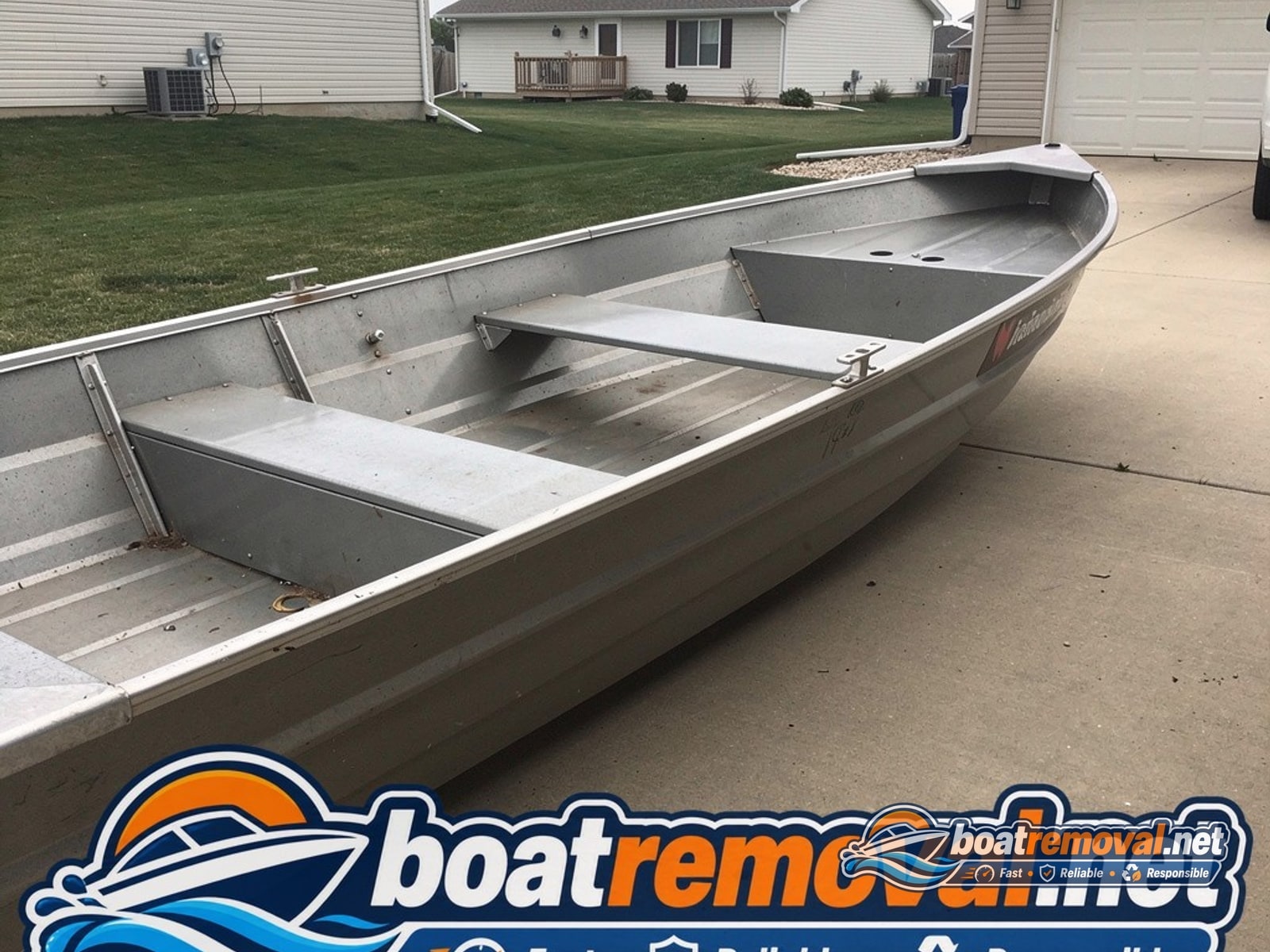 boat removal Brandon SD, 16 ft aluminum jon boat in driveway