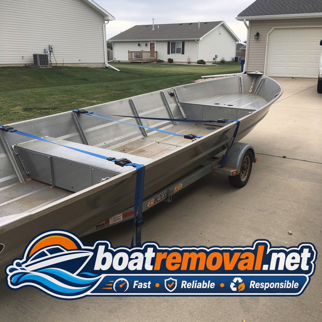 16 ft aluminum jon boat loaded for removal, Brandon South Dakota