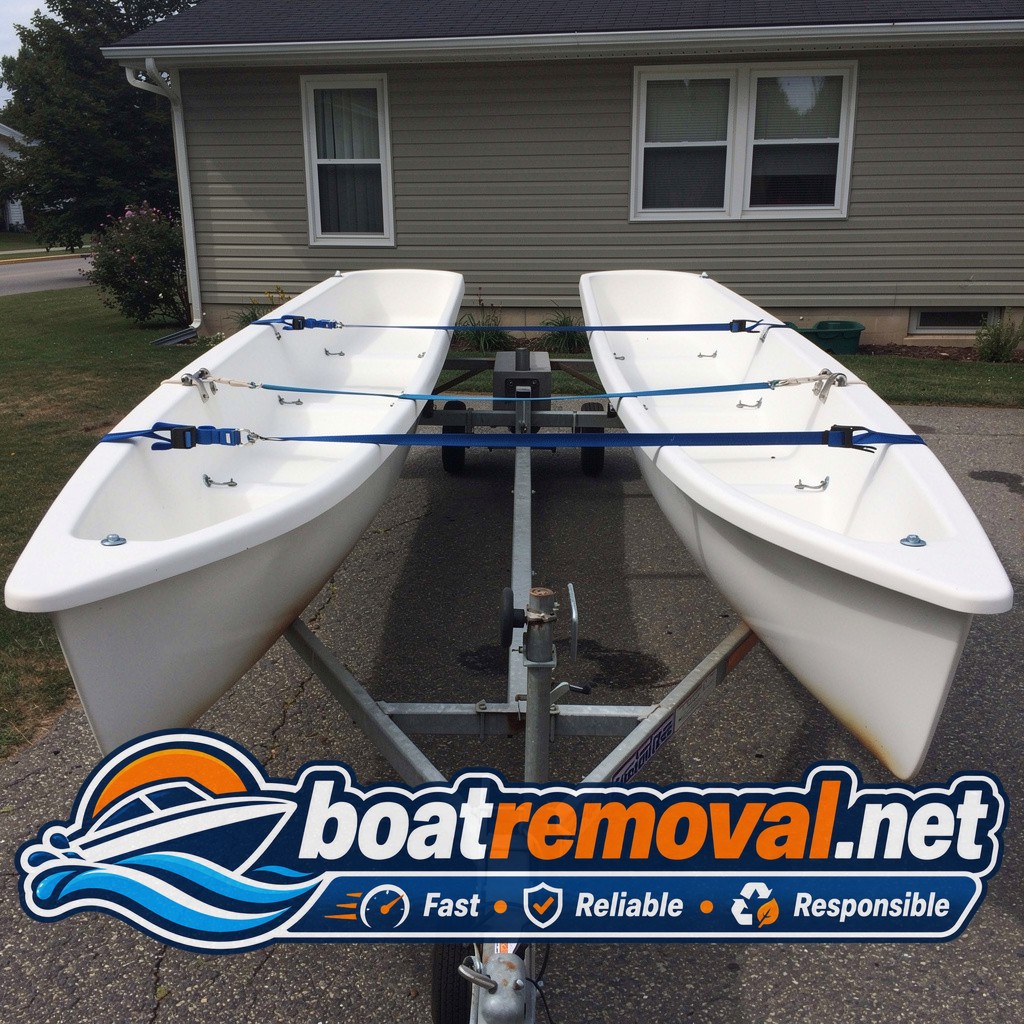 Same catamaran hulls separated and loaded onto a trailer