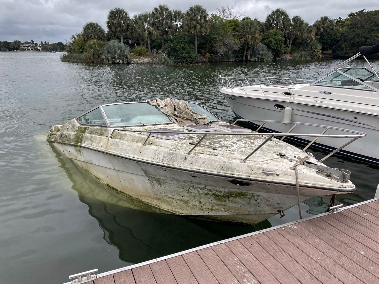 Sunken boat recovery in Mount Dora, FL: before Sunken 24 ft Formula 242 at a lake dock in Mount Dora, FL