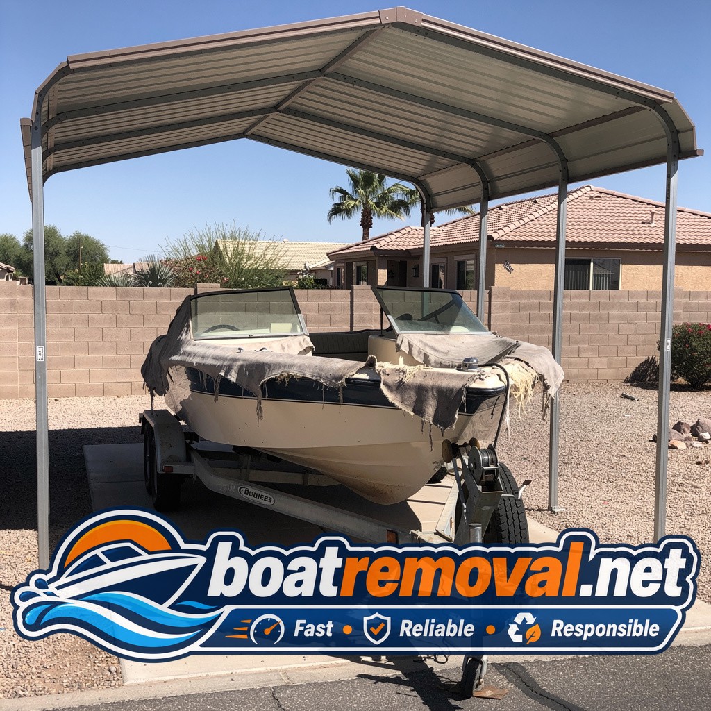 21-foot Bayliner bowrider under a carport with a torn cover in Chandler, Arizona