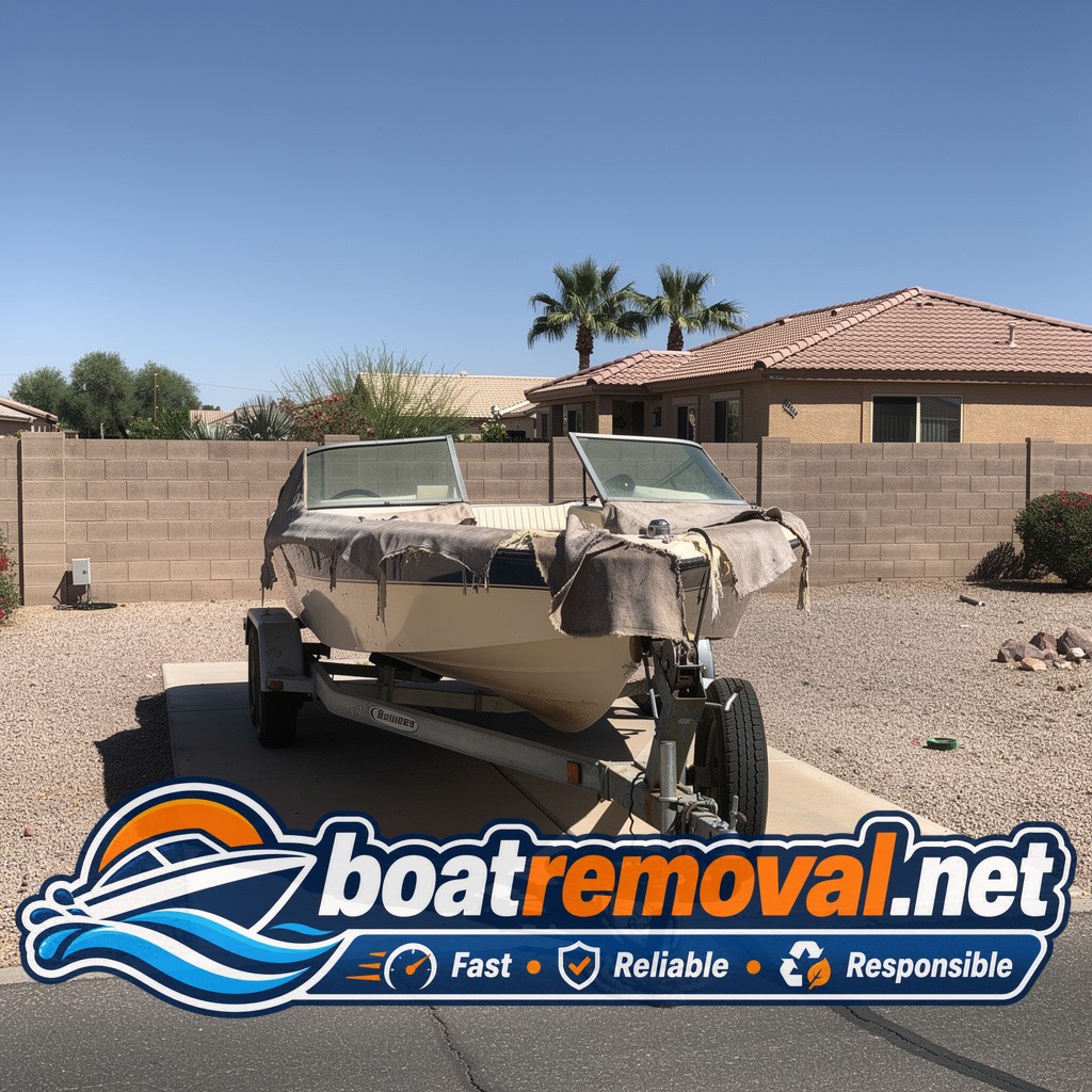 Bayliner bowrider loaded onto a trailer after removal from a carport in Chandler, Arizona