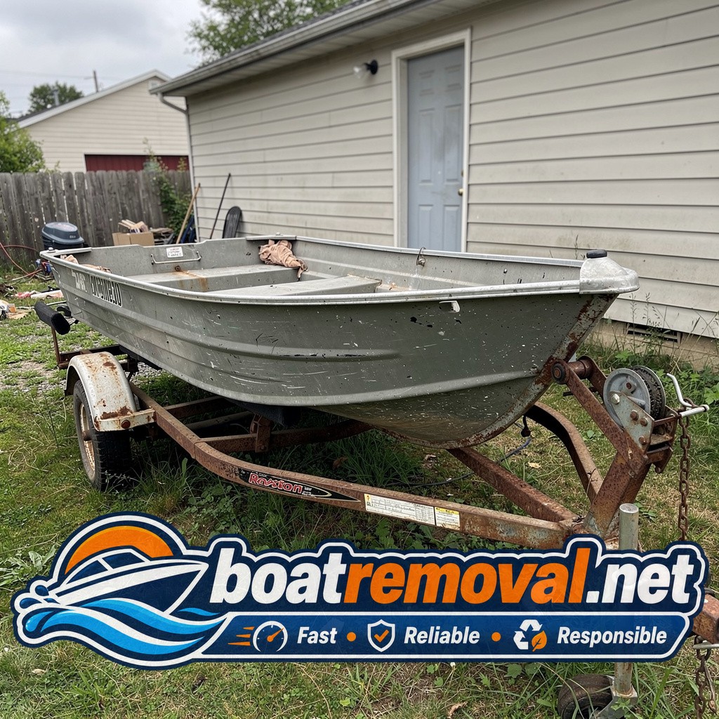 Small aluminum fishing boat with rusted trailer bunks sitting behind a house