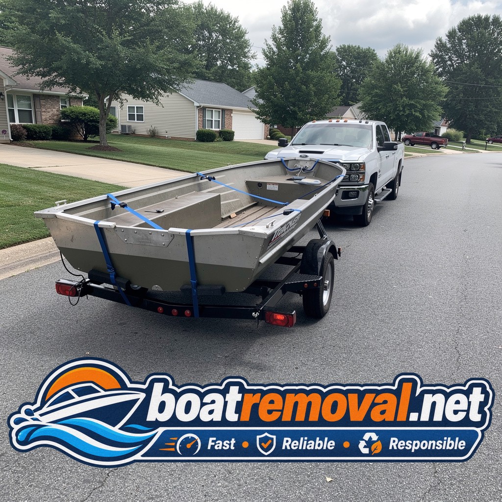 Same aluminum fishing boat loaded onto a trailer at the bottom of a sloped yard