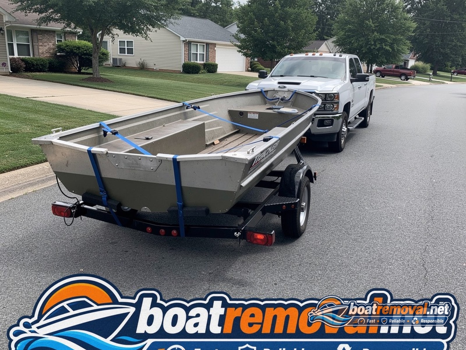 Charleston, WV: 16-foot Tracker aluminum fishing boat loaded for removal Same aluminum fishing boat loaded onto a trailer at the bottom of a sloped yard