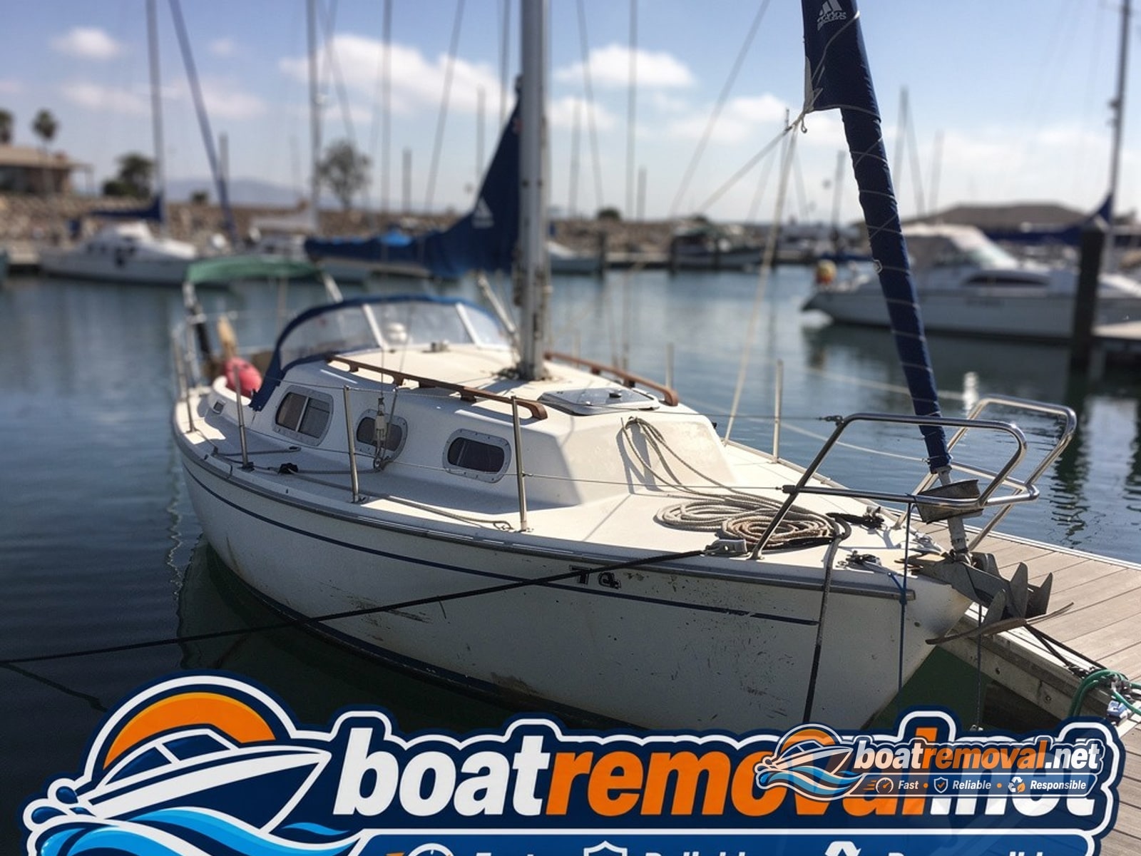34-foot Catalina sailboat tied up in a marina slip in Chula Vista, California