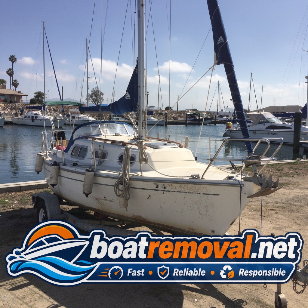 Catalina sailboat hull loaded onto a trailer after removal from a marina in Chula Vista, California