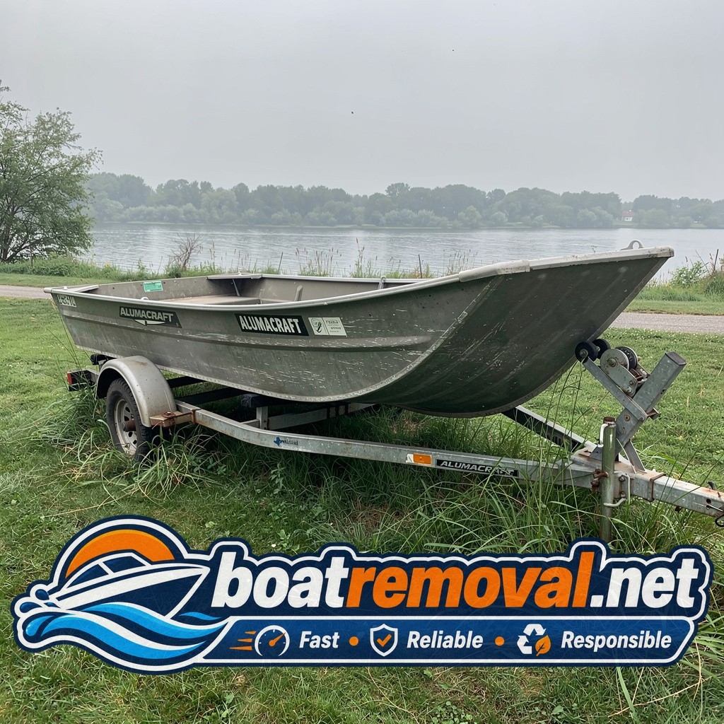 16-foot Alumacraft jon boat resting on a trailer behind a property near Clear Lake, Iowa