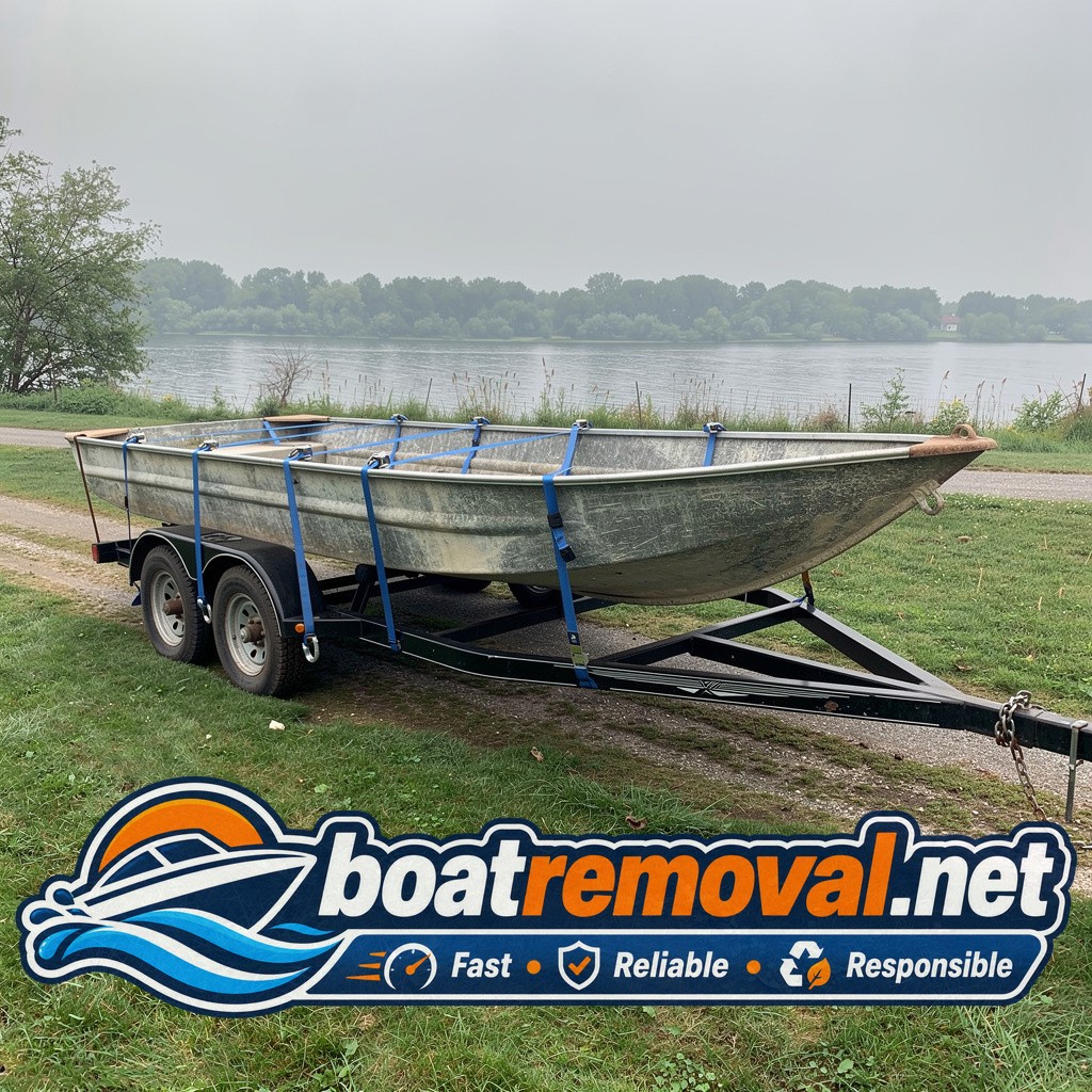Alumacraft jon boat loaded onto a trailer after an estate pickup near Clear Lake, Iowa
