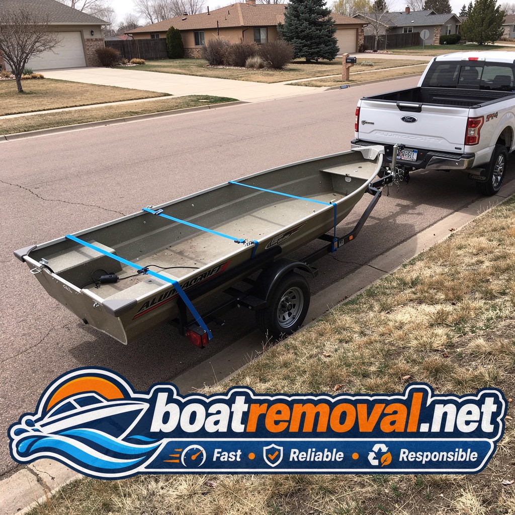 Alumacraft jon boat loaded onto a trailer after gate-access pickup in Colorado Springs, Colorado