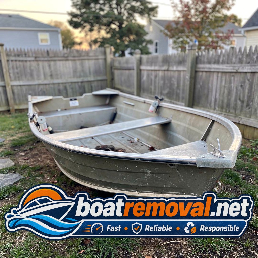 boat removal Cranston RI, 14 ft aluminum skiff in backyard