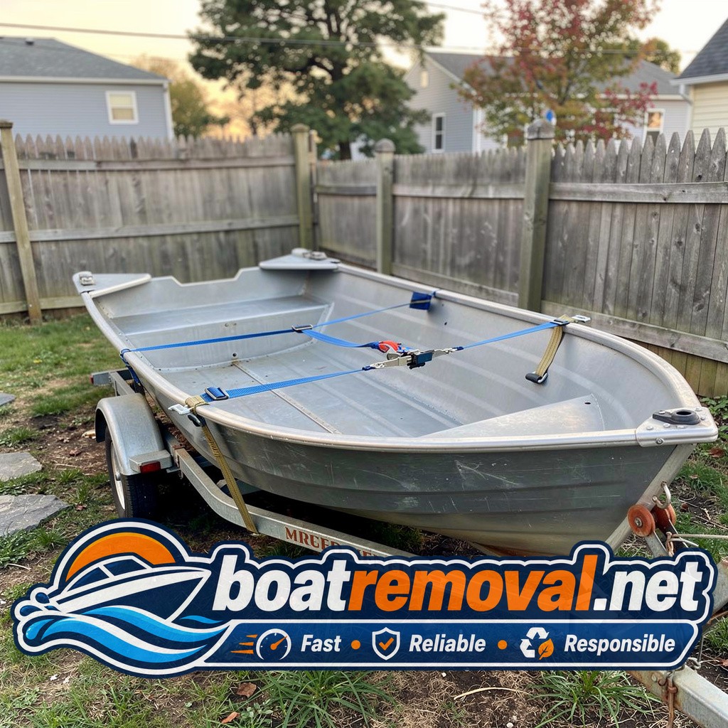 14 ft aluminum skiff loaded for removal, Cranston Rhode Island