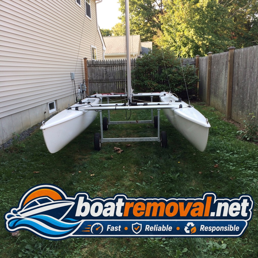 16-foot Hobie Cat catamaran on a beach dolly in a side yard in Danbury, Connecticut