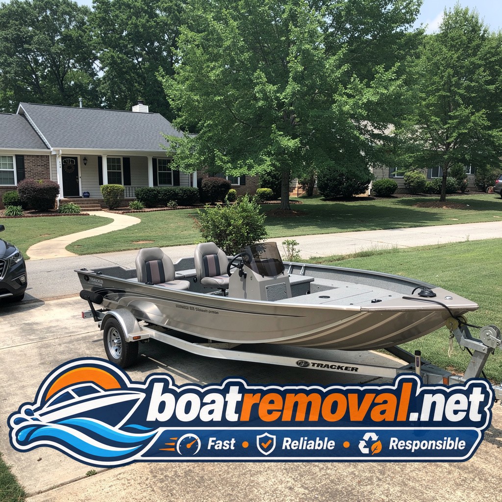 18-foot Tracker bass boat parked in a driveway visible from the street in Decatur, Georgia