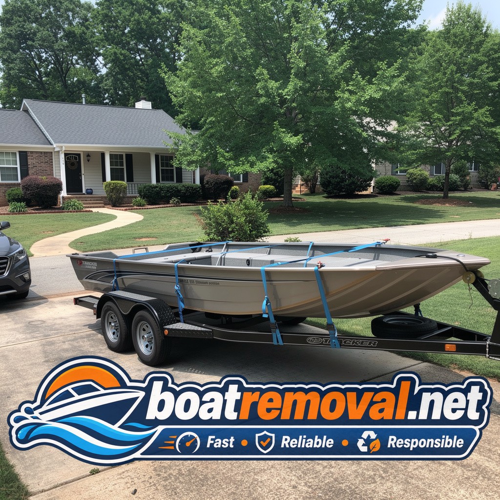 Tracker bass boat loaded onto a trailer after driveway pickup in Decatur, Georgia