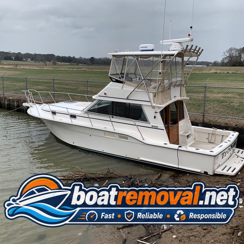 Large cabin cruiser tilted in shallow water against a fence line after a storm