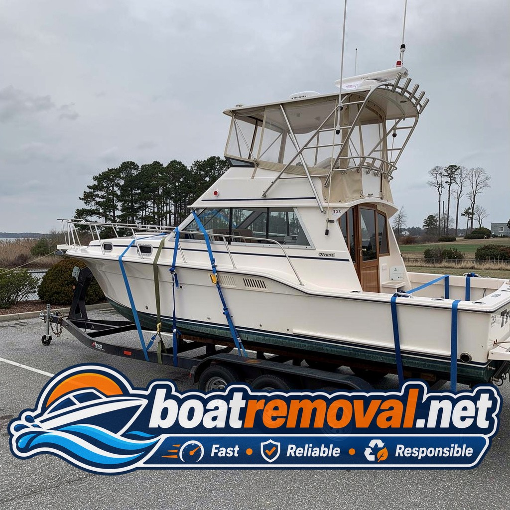 Cut hull sections of a cabin cruiser loaded onto a trailer near a shoreline