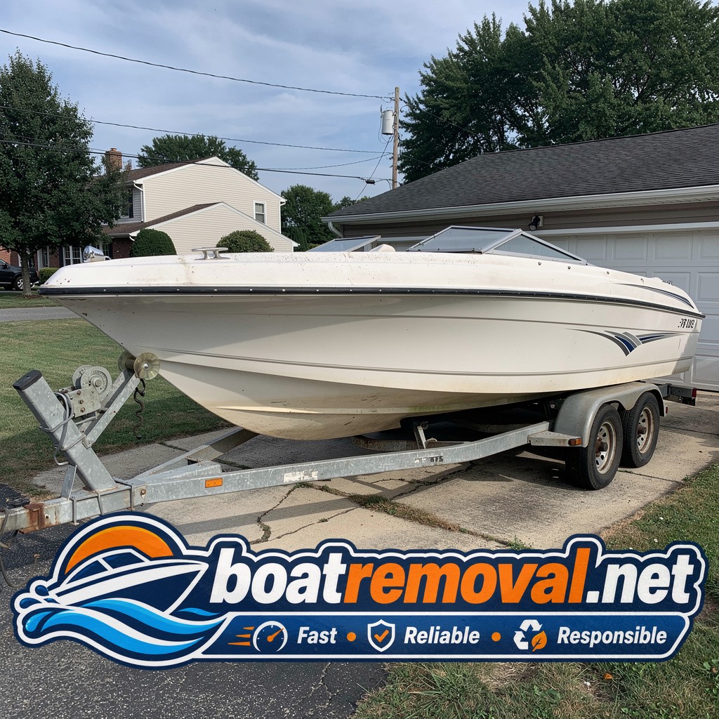 22-foot Regal bowrider on a trailer in a Freehold, New Jersey driveway before removal