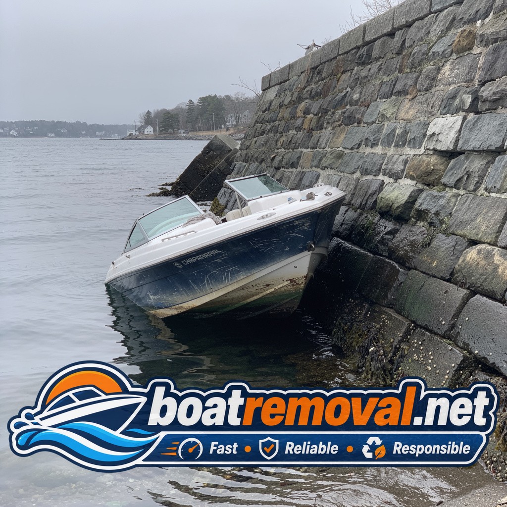 24-foot Chaparral bowrider listing against a tidal seawall in Dover, New Hampshire after storm damage