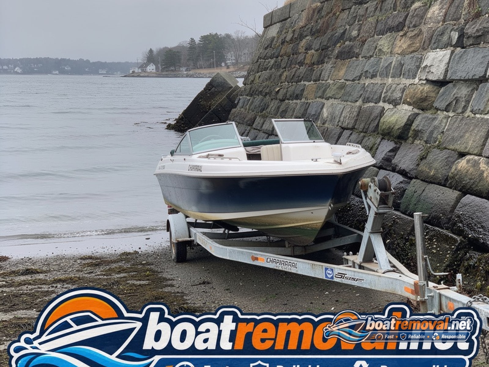 Dover, NH: 24-foot Chaparral bowrider loaded for removal Same Chaparral pumped out and loaded on a trailer for removal after the storm