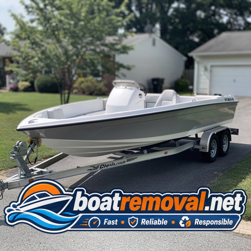 24-foot Baja performance boat sitting on a trailer in a Dundalk, Maryland driveway