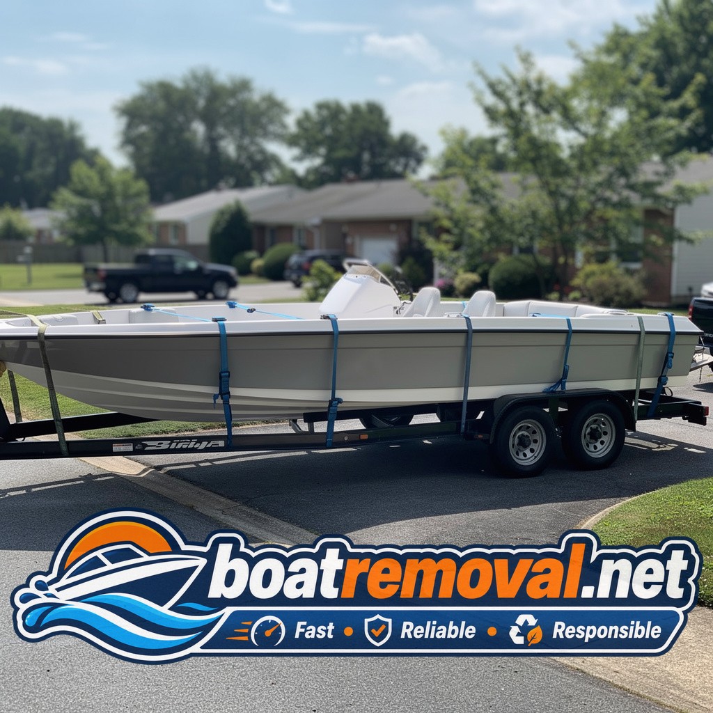 Baja performance boat loaded onto a trailer after a driveway pickup in Dundalk, Maryland