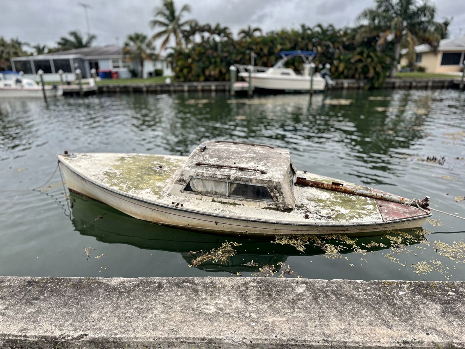 Sunken boat recovery in Dunedin, FL: before Sunken 27 ft Cal 27 in a canal by the seawall in Dunedin, FL